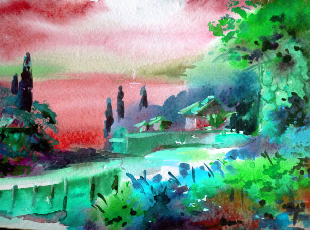 istock Watercolor colorful bright textured abstract background handmade . Mediterranean landscape . Painting of architecture and vegetation of the sea coast 1232617418