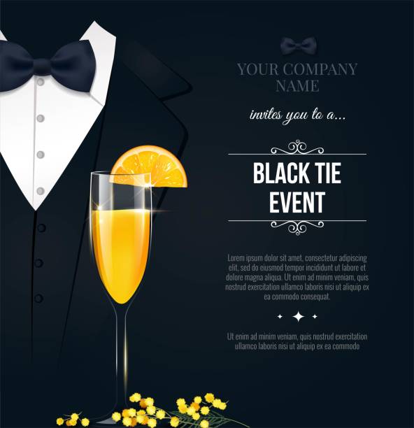 Black Tie Event Invitation. Black Tie Event Invitation. Elegant black poster with businessman suit, tie and mimosa cocktail glass. Vector illustration dinner stock illustrations