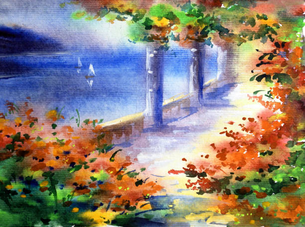 istock Watercolor colorful bright textured abstract background handmade . Mediterranean landscape . Painting of architecture and vegetation of the sea coast 1232623584