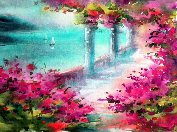 istock Watercolor colorful bright textured abstract background handmade . Mediterranean landscape . Painting of architecture and vegetation of the sea coast 1232623585