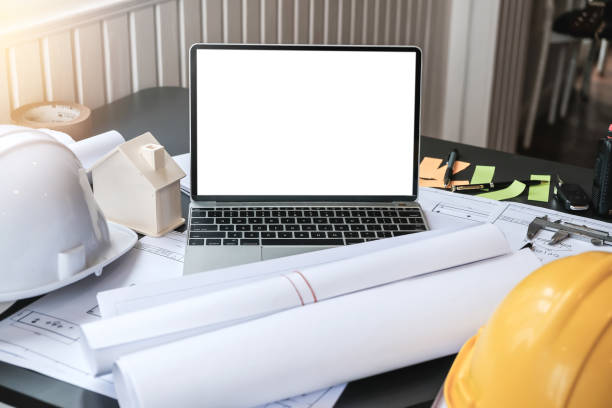 istock Laptop with blank screen on the engineer desk. 1232627764