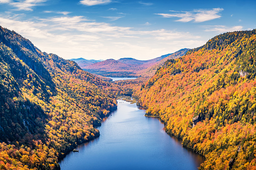 Lower Ausable Lake in the Adirondack Mountains, New York State, USA, on a sunny day during Fall colors.