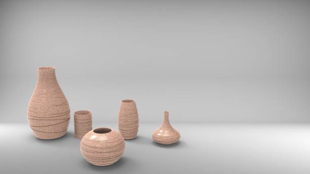 istock 3d render of different shaped matt granite material flower vases in white background with space for text. 1232704696