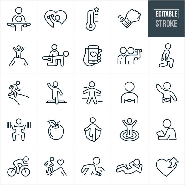 Fitness Thin Line Icons - Editable Stroke A set of fitness icons that include editable strokes or outlines using the EPS vector file. The icons include a personal trainer working with a client, person lifting weights, goal meter, fitness watch, person on top of a summit with arms raised, personal trainer helping client with strengthening exercise, smartphone with heart, personal trainer helping client lift weights, person performing a lunge while holding a dumbbell, person running on a trail, person running across finish line, person wearing heart rate monitor, person with tape measure, apple, person jumping rope, person reaching fitness goal, personal trainer, person cycling, person climbing mountain, person doing a sit-up and other related icons. personal trainer stock illustrations