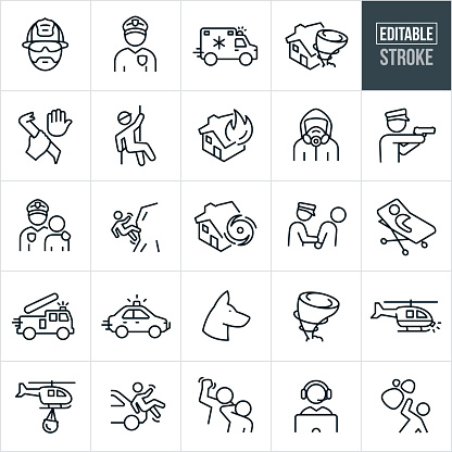 A set of emergency services icons that include editable strokes or outlines using the EPS vector file. The icons include a fireman, police officer, rushing ambulance, tornado hitting house, criminal activity, rescuer, house on fire, person dressed in hazmat suit and respirator, police officer with gun drawn, police officer with arm on child's shoulder, person falling while climbing cliff face, house and hurricane, police officer arresting criminal, sick or injured person on gurney, firetruck rushing, police car rushing, police dog, search helicopter, pedestrian hit by car, helicopter with water basket to put out fire, person hitting another person, dispatcher at computer with headset and a person caught in a rock slide.