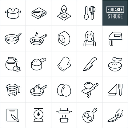 A set of cooking icons that include editable strokes or outlines using the EPS vector file. The icons include a pot with lid, cook book, gas range, wire whisk and wooden spoon, mixing bowl, frying pan, timer, chef, hand mixer, olive oil, cup of flour, oven mitt, kitchen knife, bowl of ingredients, glass measuring cup, eggs, lemon zest, place setting, cutting board, food scale, oven range, french toast and other related icons.
