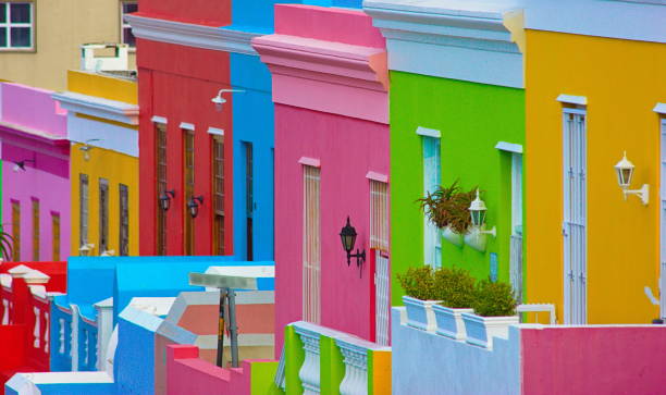 Colorful Bo Kaap neighborhood, Cape Town, South Africa In Cape Town, South Africa the Bo-Kaap neighborhood has residential homes painted in a variety of bright colors. cape town stock pictures, royalty-free photos & images