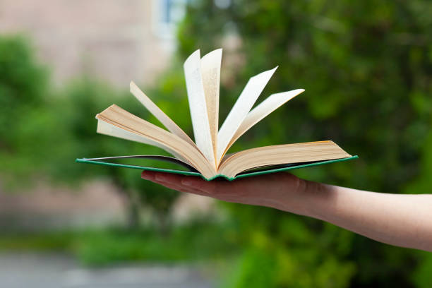 istock woman hand open book in nature 1232765200