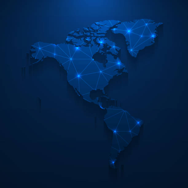 America map network - Bright mesh on dark blue background Map of America created with a mesh of thin bright blue lines and glowing dots, isolated on a dark blue background. Conceptual illustration of networks (communication, social, internet, ...). Vector Illustration (EPS10, well layered and grouped). Easy to edit, manipulate, resize or colorize. The Americas stock illustrations