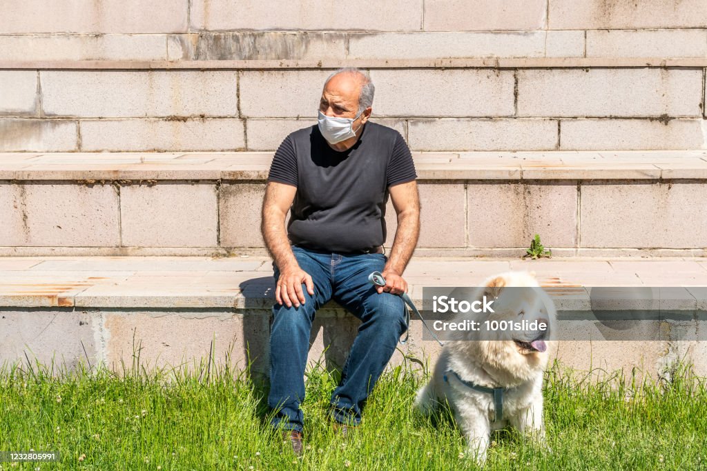 Active senior man lying down with dog on the grasses in Park on Curfew free day, under Curfew in Coronavirus period in Ankara Coronavirus Stock Photo