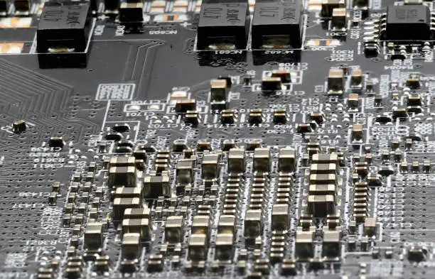 Electrical components on a GPU circuit board look like a miniature cityscape