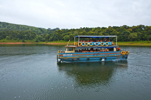 Tourists on boat doing sightseeing at Periyar Tiger Reserve. Thekkady, Kerala/India - September 24, 2013: Tourists on board Kerala Tourism Development Corporation (KTDC) jetty, doing sightseeing at Periyar National Park and Wildlife Sanctuary. periyar wildlife sanctuary stock pictures, royalty-free photos & images