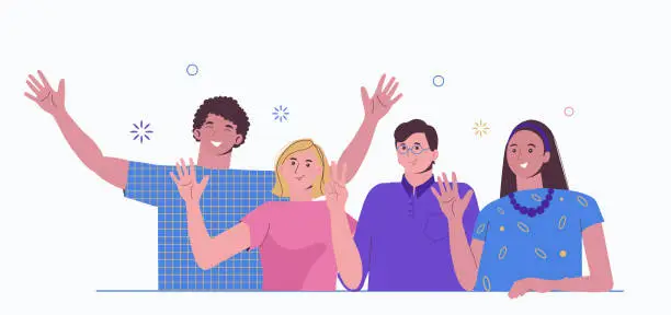 Vector illustration of A group of girls and boys met together. Friends are happy for the holiday. Welcome gestures. Happy people. Vector illustration in cartoon flat style