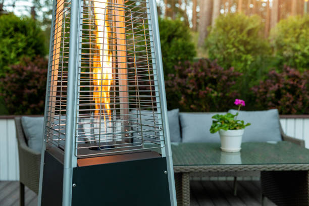 outdoor gas pyramid heater working on terrace