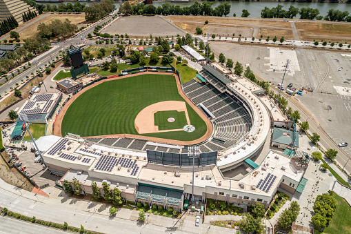 Sacramento California, USA - May 18, 2020: Downtown aerial view of Raley's Field, home of the Sacramento River Cats minor league baseball team.