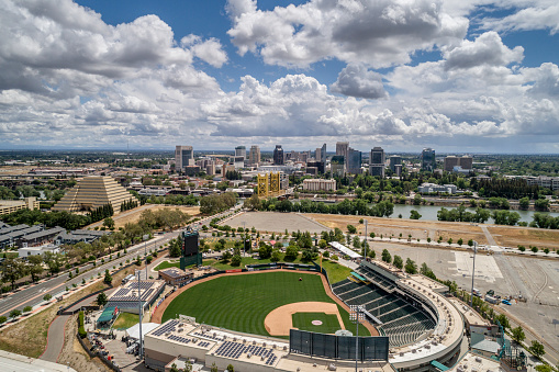 Sacramento California, USA - May 18, 2020: Downtown aerial view of Raley's Field, home of the Sacramento River Cats minor league baseball team.