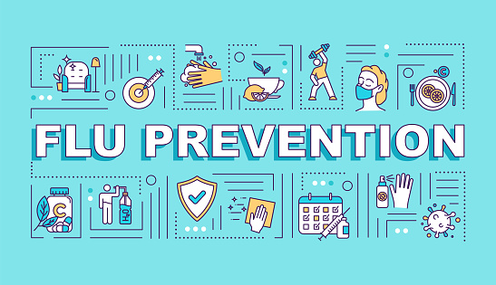 Flu prevention word concepts banner. Immunization with vitamin. Vaccination shot. Infographics with linear icons on turquoise background. Isolated typography. Vector outline RGB color illustration