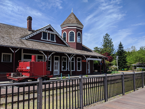 Snoqualmie, WA / USA - circa May 2020: View of the downtown, historic Snoqualmie Railway Museum.