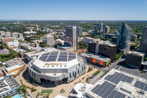 Sacramento California, USA - May 23, 2020: Downtown aerial view of the Golden 1 Center, home of the Sacramento Kings basketball team.