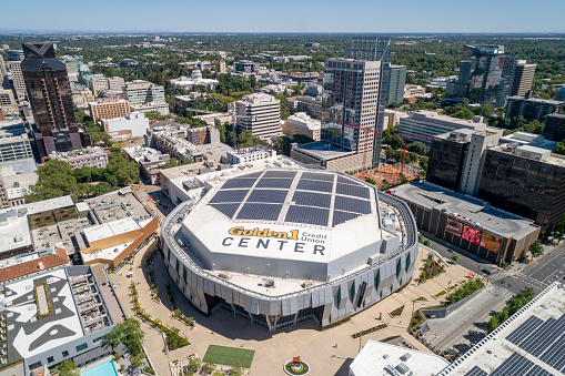 Sacramento California, USA - May 23, 2020: Downtown aerial view of the Golden 1 Center, home of the Sacramento Kings basketball team.