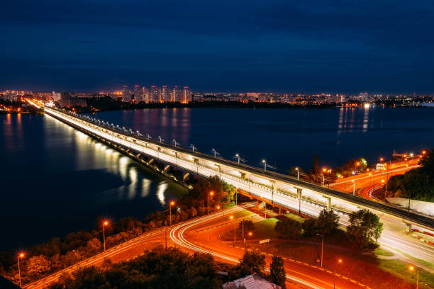 istock Night Voronezh. Northern bridge over Voronezh river, aerial view 1233130097