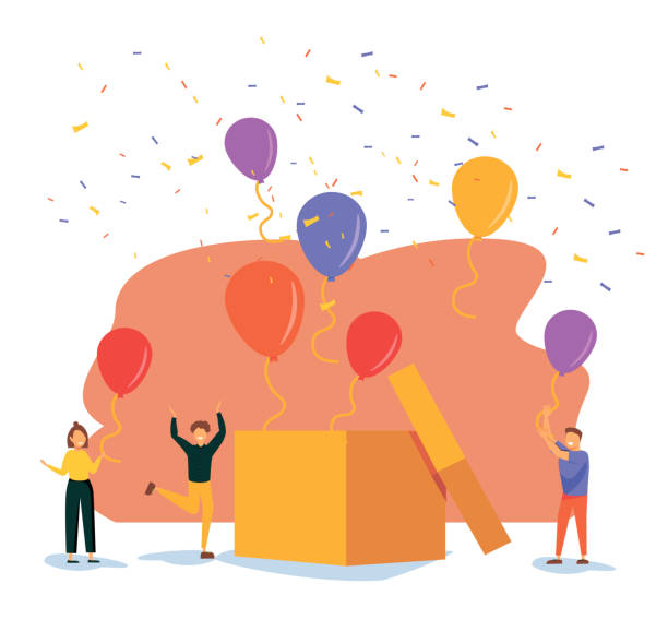 ilustraciones, imágenes clip art, dibujos animados e iconos de stock de personajes alegres y planos la gente salta de la caja de regalo. los amigos hicieron una sorpresa. tu mejor regalo son tus amigos. confeti y globos salen volando de la caja. la gente sopla sus silbidos. concepto de cumpleaños - hot air balloon party political party greeting