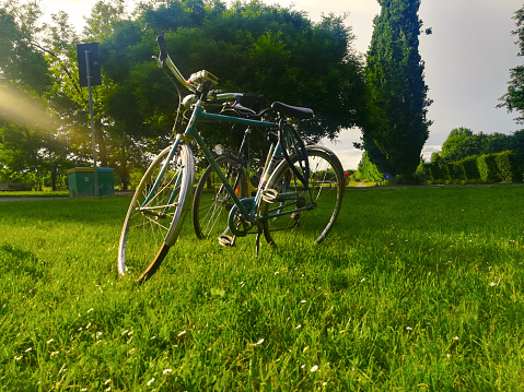 two bikes parking in the green grass in a city park in the nature