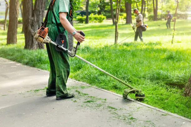 Photo of Worker mowing tall grass with electric or petrol lawn trimmer in city park or backyard. Gardening care tools and equipment. Process of lawn trimming with hand mower