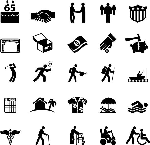 ruhestand optionen in amerika schwarz und weiß, vektor icon-set - 60 69 jahre stock-grafiken, -clipart, -cartoons und -symbole