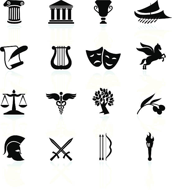 illustrations, cliparts, dessins animés et icônes de la grèce antique noir et blanc ensemble d'icônes vectorielles libres de droits - arc élément architectural