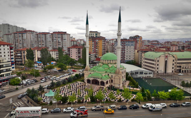 Jumah prayer in Turkey after 3 months quarantine outside of a mosque high angle stock photo