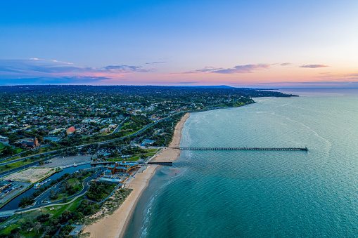 Aerial view of Frankston waterfront and Mornington Peninsula coastline at dusk in Melbourne, Australia
