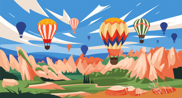 Cappadocia, Turkey. Colorful vector illustration of view of Cappadocia landscape. Turkish travel destination. Cappadocia Banner, card, poster design. Hot air balloons. National park with fairy rock chimneys. cappadocia balloon stock illustrations