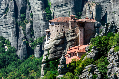 View of the Meteora with Monastery of Roussanou (Agias Varvaras). Meteora, Thessaly, Greece, Europe.