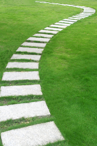 A flagstone walkway through an Asian garden