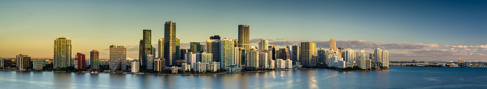 Aerial panorama of Miami, Florida in the morning looking across Biscayne Bay towards Downtown.