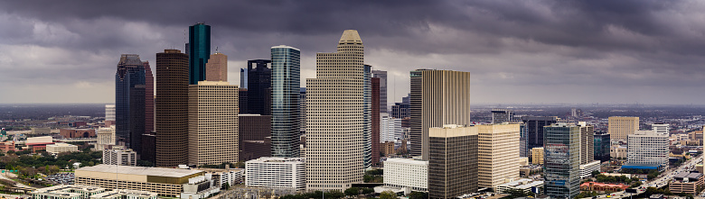 Drone panorama of Downtown Houston, Texas on an overcast and rainy day in February.