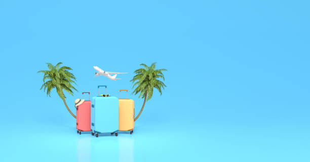 istock Ready for summer vacation, travel background with copy space. Summer vacation concept with palm tree and suitcases, 3D Render 1233545182