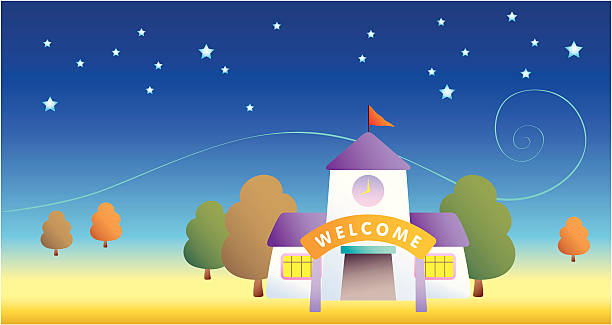 schule und sternenklare nacht hintergrund - house cute welcome sign greeting stock-grafiken, -clipart, -cartoons und -symbole