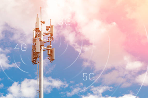 istock Telecommunication tower with 4G, 5G transmitters. Cellular base station with transmitter antennas on a telecommunication tower on against a blue sky with pink-yellow clouds. 1233715219