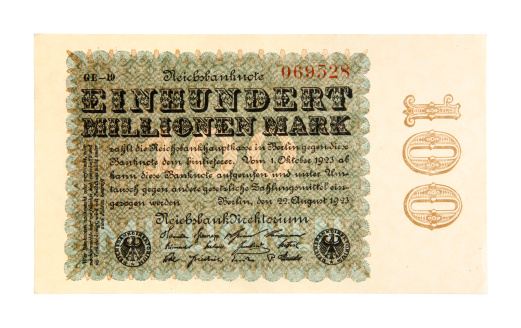 Former german 100,000,000 Mark bank note printed 1923 during the world economy crisis. Its backside is blank.