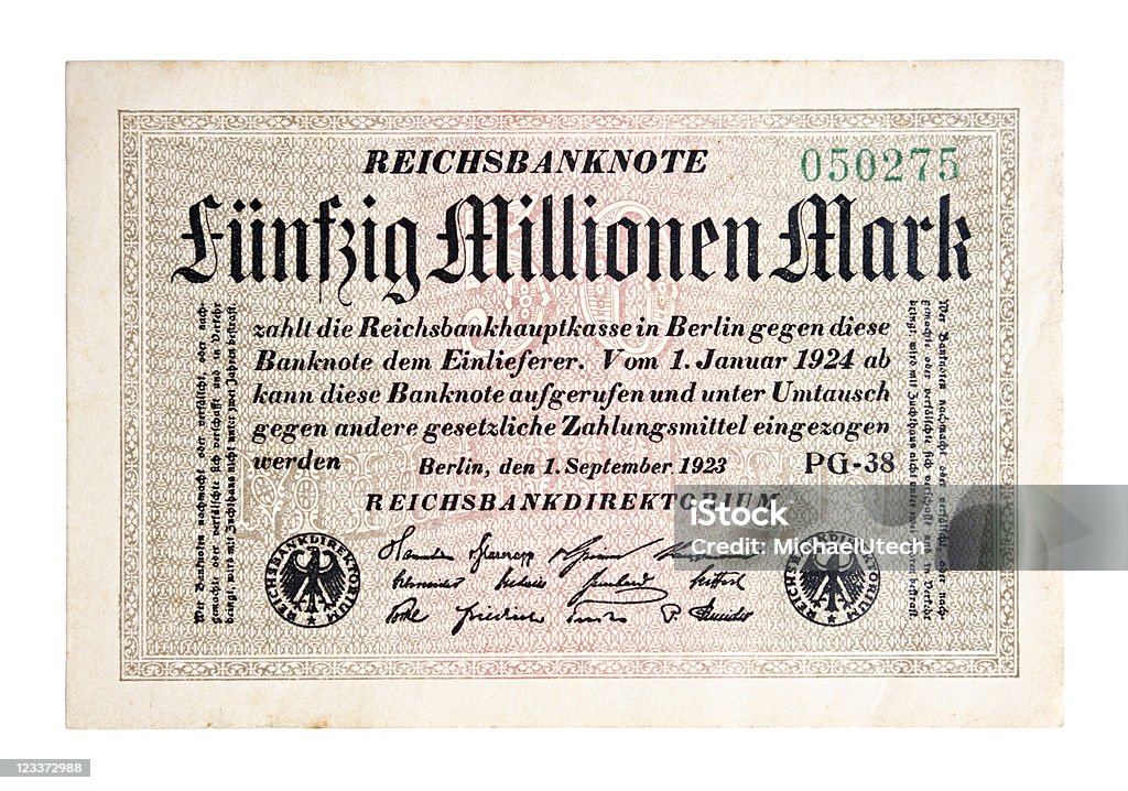 Fifty Million Mark Bank Note Former german 50,000,000 Mark bank note printed 1923 during the world economy crisis. Its backside is blank. Paper Currency Stock Photo