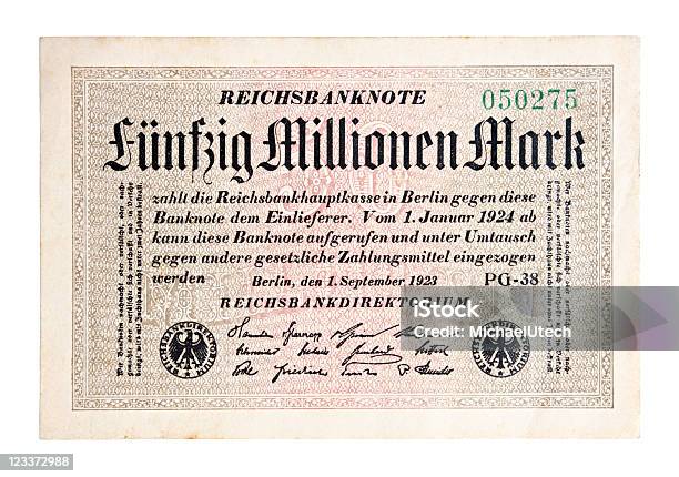 Fifty Million Mark Bank Note Stock Photo - Download Image Now - Paper Currency, 1923, Close-up