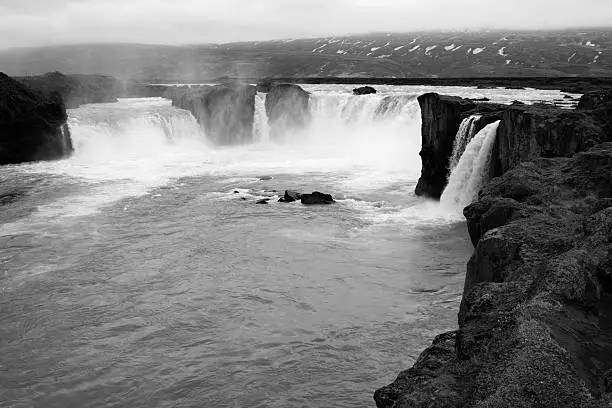 Black and white version of the Godafoss in Iceland.