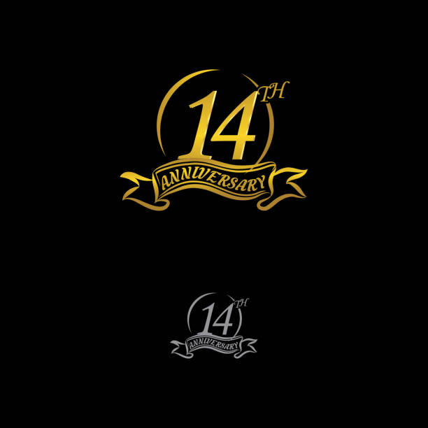 Anniversary vector unusual label. fourteen year symbol. Birthday abstract logo. 14th jubilee Celebrating the 5th anniversary logo, with gold rings and gradation ribbons isolated on a black background.EPS 10 circa 14th century stock illustrations