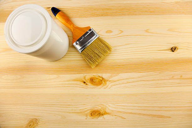 istock Wood texture and tin, paintbrush / covering by varnish 123380195