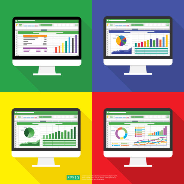 ilustrações, clipart, desenhos animados e ícones de planilha no ícone plano da tela do computador. conceito de relatório contábil financeiro. coisas de escritório para planejamento e contabilidade, análise, auditoria, gerenciamento de projetos, marketing, ilustração vetorial de pesquisa - spreadsheet