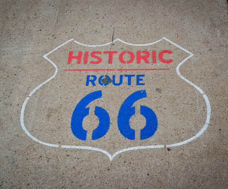 Historic Route 66 logo sidewalk inscription, Arizona, USA