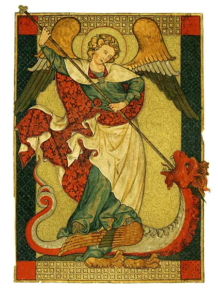 A stunning illustration of the archangel Saint Michael from Jewish, Christian, and Islamic tradition trampling Satan, Lucifer,  the Devil. It is in an antique illuminated manuscript style. The angel stands on Satan in the form of a dragon holding a spear aloft ready to strike. Good triumphing over evil..This is a reproduction of a late 13th Century illustration scanned and lovingly restored from an 1885 edition of Geschichte der Deutschen Kunst (German Art Illustrated) Volume 1 from the up-loaders personal archive.