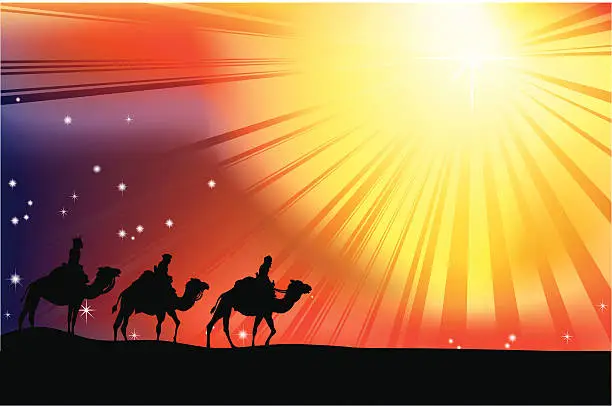 Vector illustration of Silhouette of three wise men on camels heading into sun